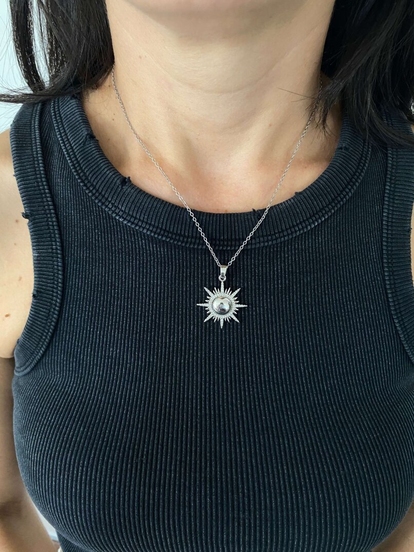 Taşlı Güneş Kolye Gümüş - 1