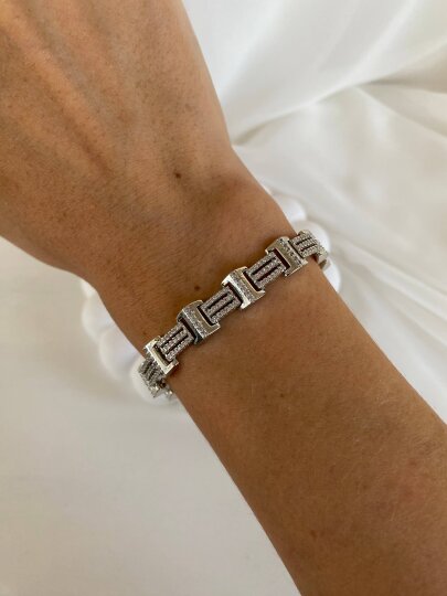 Taşlı Kalın Geometrik Formlu Bileklik - Gümüş Renk - 3