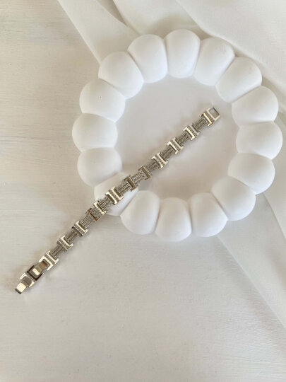 Taşlı Kalın Geometrik Formlu Bileklik - Gümüş Renk - 2