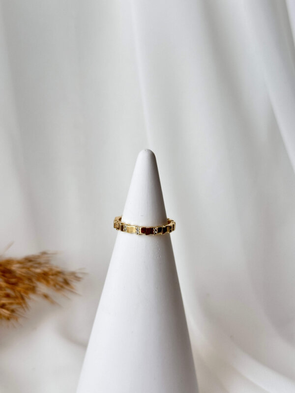 Taşlı Kare Detaylı İnce Yüzük- Gold - 1