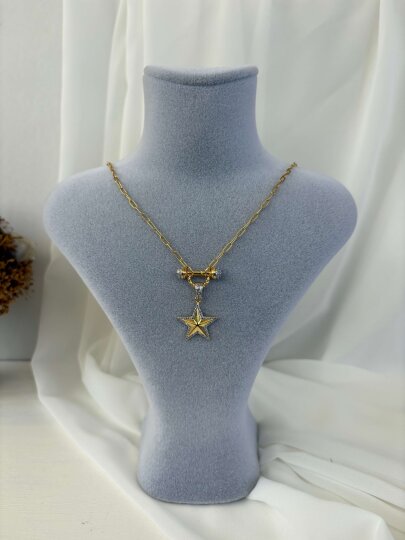 Taşlı Yıldız Detaylı-Mini Ataç Zincirli Kolye - 3
