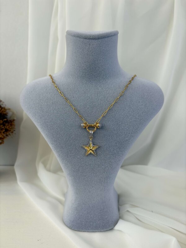 Taşlı Yıldız Detaylı-Mini Ataç Zincirli Kolye - 3