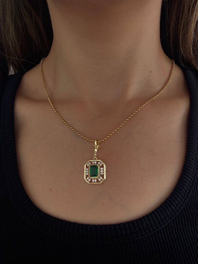 Yeşil Taşlı Kare Kolye - Gold - 2