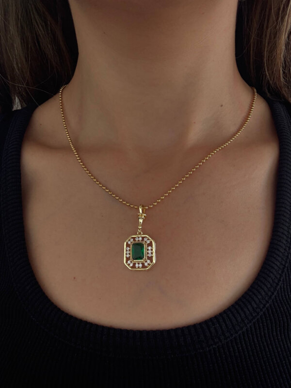Yeşil Taşlı Kare Kolye - Gold - 2