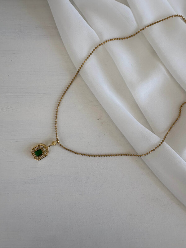 Yeşil Taşlı Kare Kolye - Gold - 1