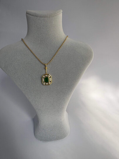 Yeşil Taşlı Kare Kolye - Gold - 3