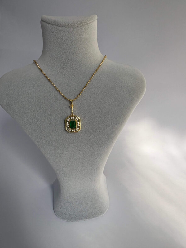 Yeşil Taşlı Kare Kolye - Gold - 3