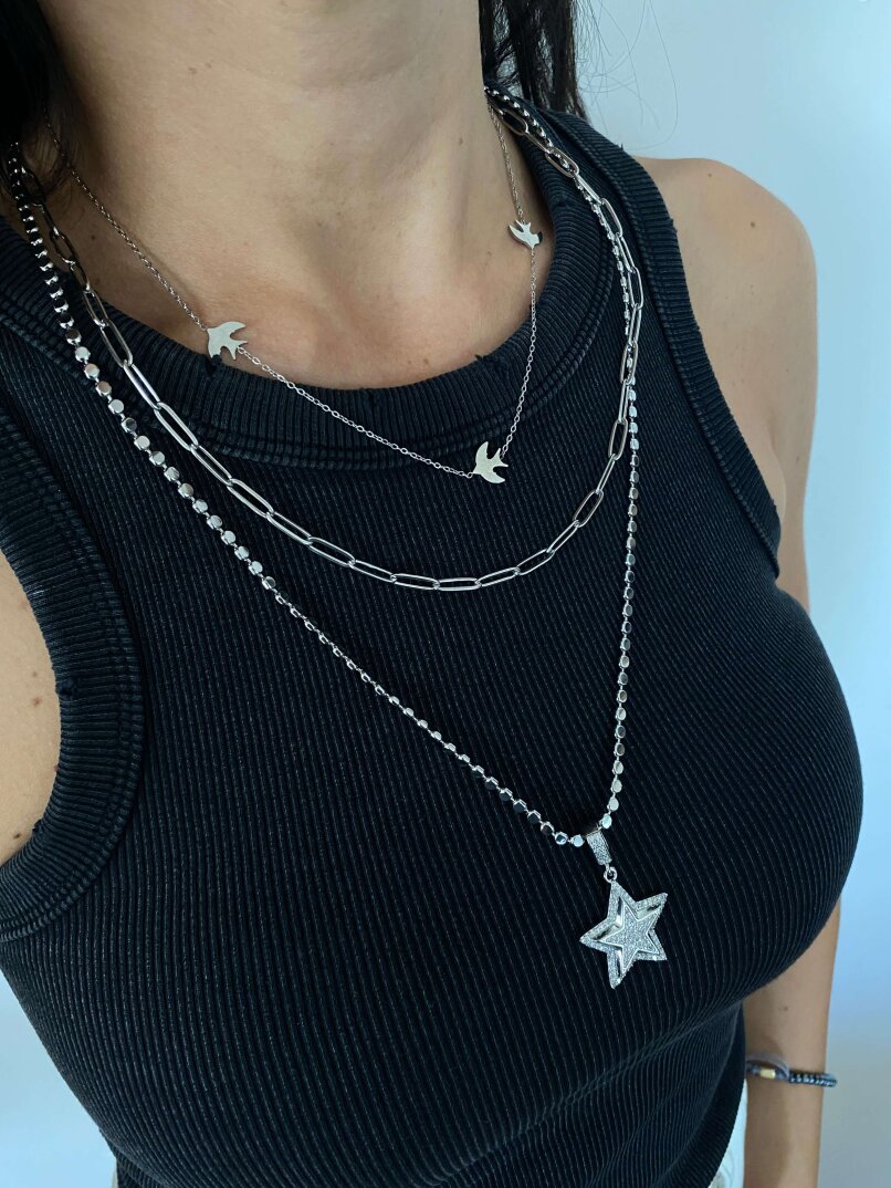 Yıldız Charm'lı Ezme Uzun Kolye - Gümüş - 1